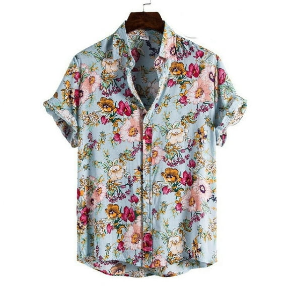 TIHLMK Mens Tshirts Men's Cardigan Short Sleeve Hawaiian Beach Flower Shirt Men's Turtleneck Shirt