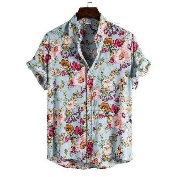 TIHLMK Mens Tshirts Men's Cardigan Short Sleeve Hawaiian Beach Flower Shirt Men's Turtleneck Shirt