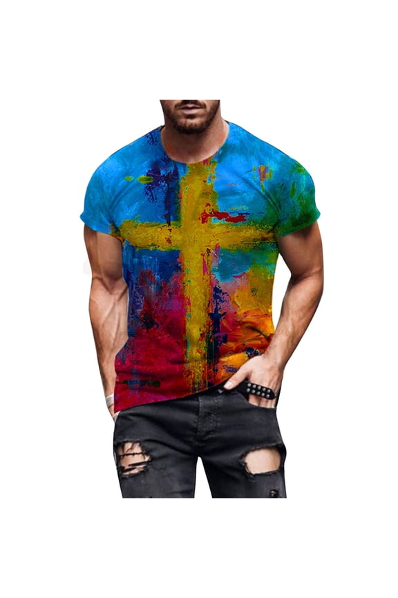Mens Tshirts Men's Street Fashion Casual Cross Print Round Neck Short Sleeve