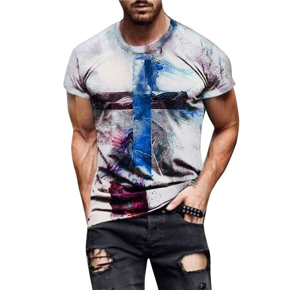 TIHLMK Mens Tshirts Men's Street Fashion Casual Cross Print Round Neck Short Sleeve