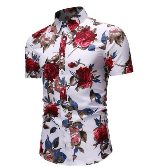 TIHLMK Mens Tshirts Summer Savings Men's Fashion Rose Printed Seaside Holiday Style Short-Sleeved Shirt