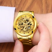 TIHLMK Mens Watches Waterproof Mens Gold Dragon Sculpture Quartz Watch Luxury Men Steel Wristwatch