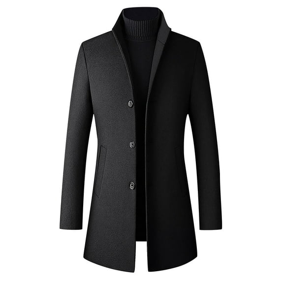 TIHLMK Mens Windbreaker Men's Single-breasted Solid Color Fashion Suit Business Casual Suit Wool Coat Black