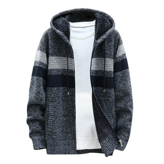 TIHLMK Mens Winter Coats Men Casual Patchwork Long Sleeve Knitting Hooded Cardigan Zipper Coats Dark Gray