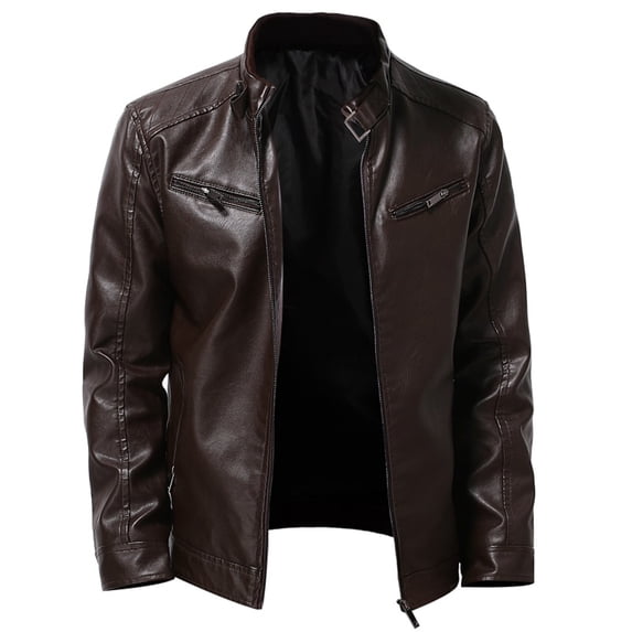 TIHLMK Mens Winter Jackets Vintage Stand Collar Men's Leather Plus Fleece Jacket, Motorcycle Jacket, Warm Leather Jacket Coffee