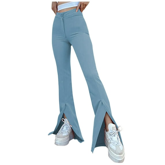 TIHLMK Pants for Women Deals Clearance Womens Fashion Summer Solid Casual Button Zipper Elastic Waist Long Flared Pants Gifts for Women