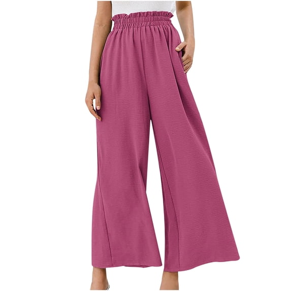 TIHLMK Pants for Women Women Casual Solid Cotton Linen Drawstring Elastic Waist Long Wide Leg Pants Gift for Women