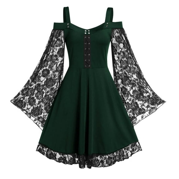 TIHLMK Prom Dress Fashion Women Patchwork Skull Lace Splicing Long Sleeve Vintage Party Dress Green