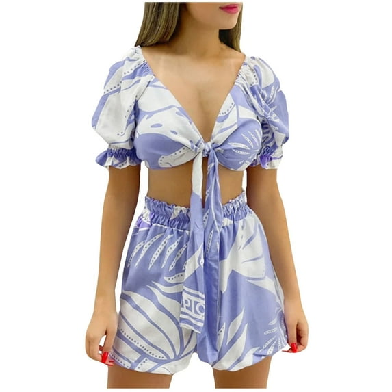 TIHLMK Pullover Set for Women Women Fashion Summer Casual Short Sleeve Printed V-Neck Top Shorts Two Sets Gifts for Women