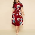 thumbnail image 1 of TIHLMK Red Dress Ladies Large Loose O-Neck Short Sleeve Floral Printed Waist Chiffon Dress, 1 of 9