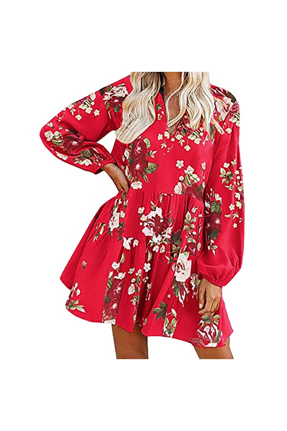 Red Dress Women Summer Casual Dress V-Neck Floral PrintLong Sleeve Knee-Length Dress