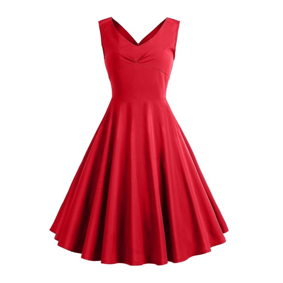 TIHLMK Red Dress Women's Summer Sleeveless V Neck Vintage Solid Party Swing Dress