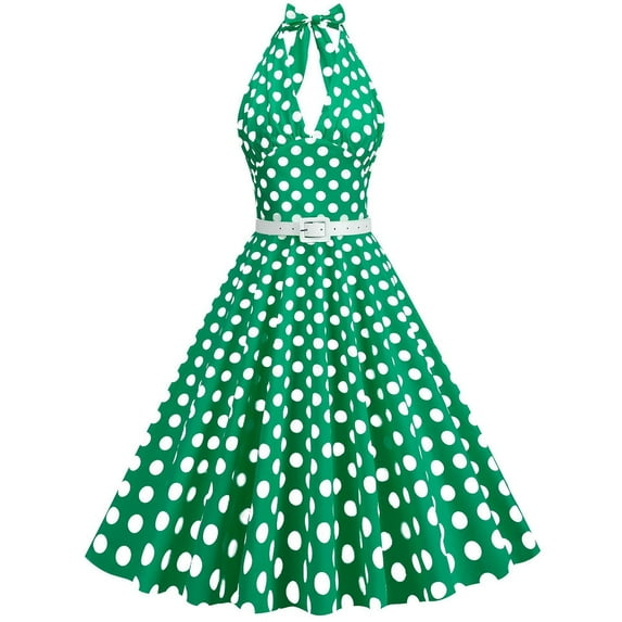 TIHLMK Retro Dresses for Women Women's Polka Dot Halter Dress 1950s Retro Rockabilly Cocktail Swing Tea Dresses Green Sleeveless Dress