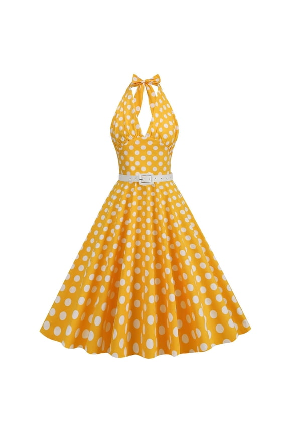 Retro Dresses for Women Women's Polka Dot Halter Dress 1950s Retro Rockabilly Cocktail Swing Tea Dresses Yellow Sleeveless Dress