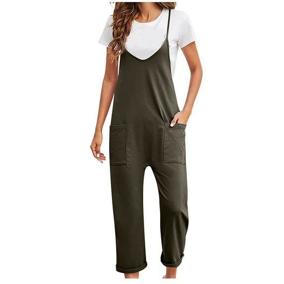 TIHLMK Rompers for Women Fashion Women Casual Cold Shoulder Jumpsuit Solid Suspender Jumpsuits Wide Pocket Leg Pant Gift for Women