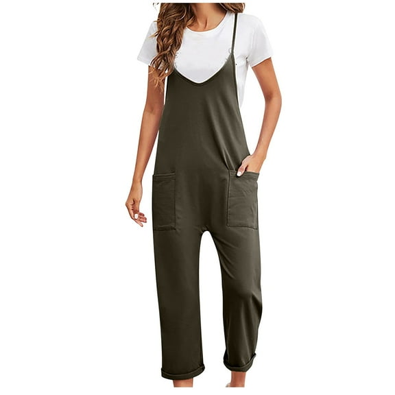 TIHLMK Rompers for Women Fashion Women Casual Cold Shoulder Jumpsuit Solid Suspender Jumpsuits Wide Pocket Leg Pant Gift for Women