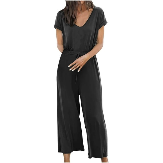 TIHLMK Rompers for Women Fashion Women Summer Casual Short Sleeve Solid Color Wide Leg Pants Jumpsuits Gift for Women