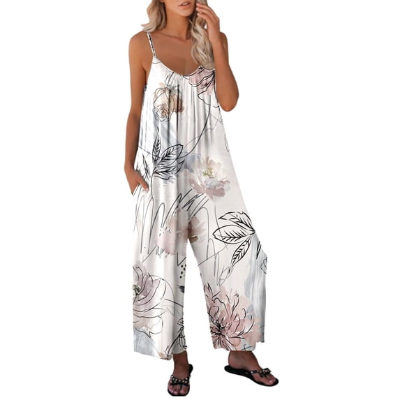 TIHLMK Rompers for Women Women's Casual Jumpsuits Summer Sleeveless Printed Loose Jumpsuit Wide Leg Pant Romper With Pocket Gifts for Women