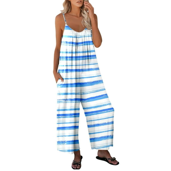 TIHLMK Rompers for Women Women's Casual Jumpsuits Summer Sleeveless Stripe Printed Loose Jumpsuit Wide Leg Pant Romper With Pocket Gifts for Women