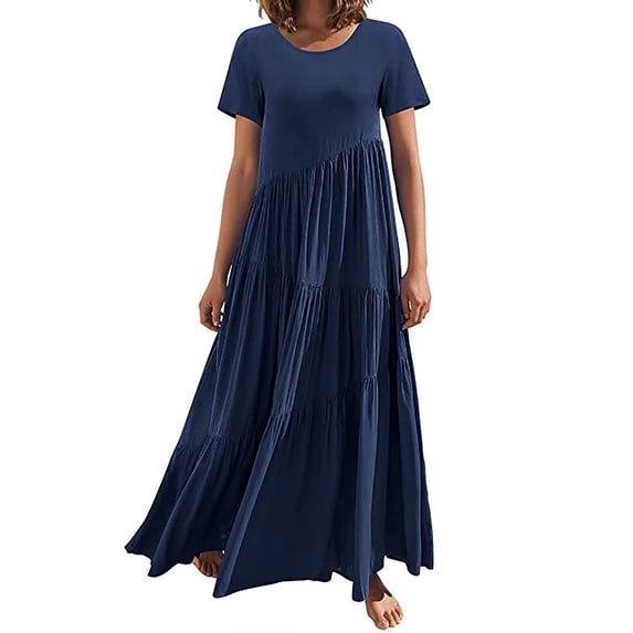 TIHLMK Sexy Dresses for Women Sales Clearance Women's Summer Fashion Loose Long Dress Short Sleeve Round-Neck Asymmetric Swing Layered Beach Long Dress Gift for Women