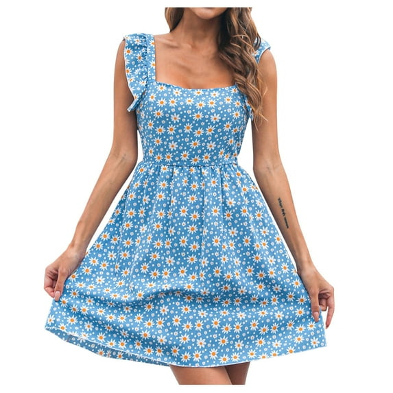 TIHLMK Sexy Dresses for Women Women Fashion Summer Casual Sexy Floral Printing Strap Holiday Square Neck Backless Lace-Up Chiffon Dress Gift for Women
