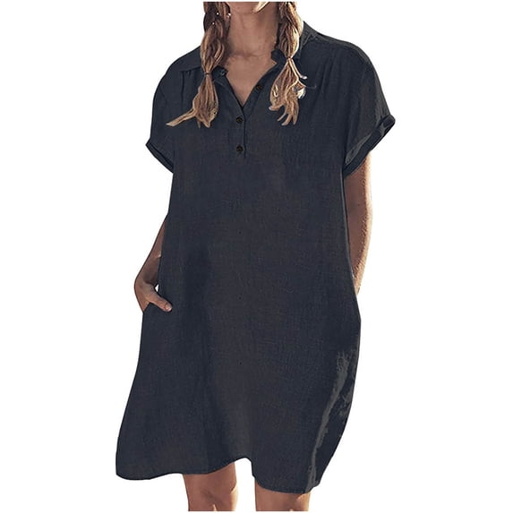 TIHLMK Sexy Dresses for Women Women's Fashion Casual Cotton And Linen Short Sleeve Lapel Button Solid Color Dress Gift for Women