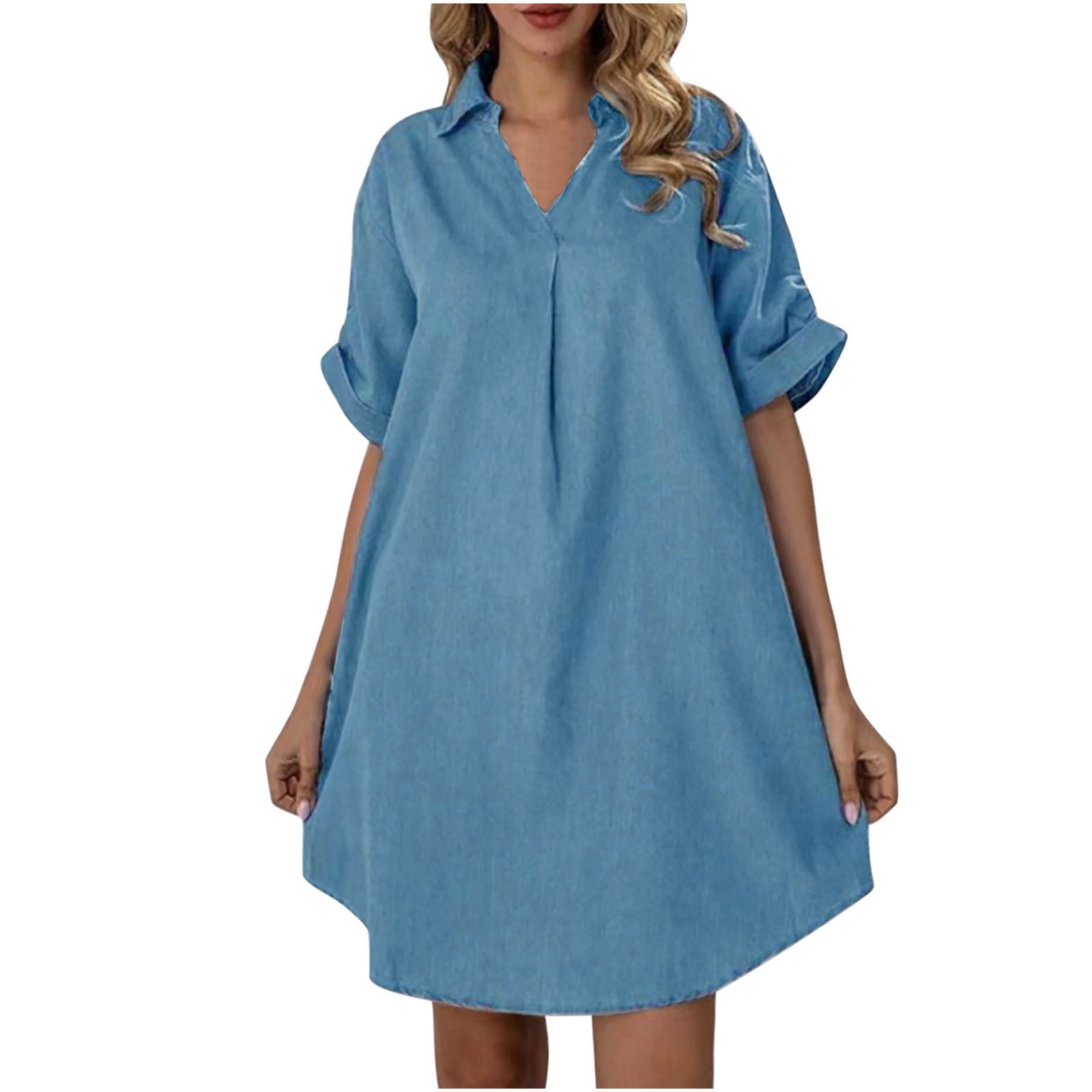 Women's Summer Casual Button-Down Midi Dress - Short Sleeve Cotton Blend, Waist Tie Detail
