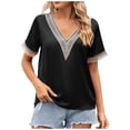 thumbnail image 1 of TIHLMK Shirts for Women Black Fashion Women's Summer V-Neck Lace Patchwork Short Sleeve Top Blouse Gift for Womens Tops, 1 of 7