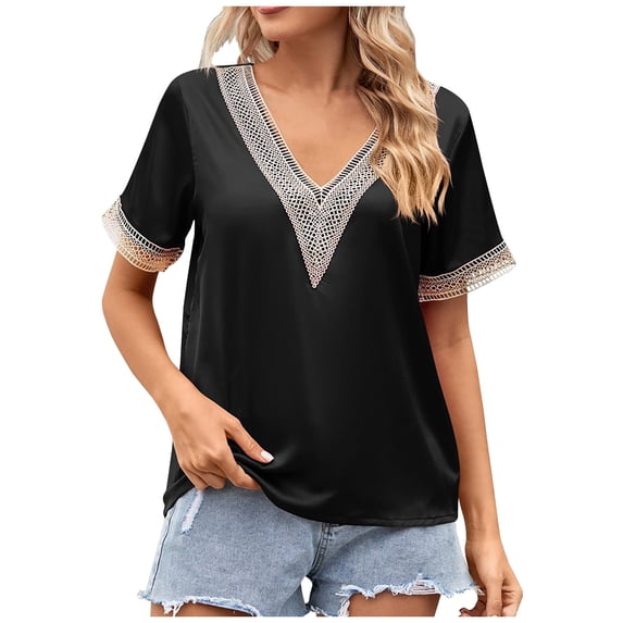 TIHLMK Shirts for Women Black Fashion Women's Summer V-Neck Lace Patchwork Short Sleeve Top Blouse Gift for Womens Tops