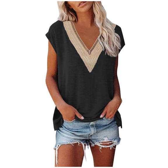 TIHLMK Shirts for Women Black Fashion Women's Summer V-Neck Lace Patchwork Short Sleeve Top Blouse Gift for Womens Tops