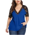 thumbnail image 1 of TIHLMK Shirts for Women Plus Size Womens Casual Half Sleeve Solid Lace V-Neck Splicing T-shirt Net Yarn Tops Blue, 1 of 8
