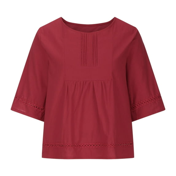 TIHLMK Shirts for Women Women's Casual Round Neck Half Sleeve Solid Loose Shirt Hallow Out Cotton And Linen Blouse Tops Red