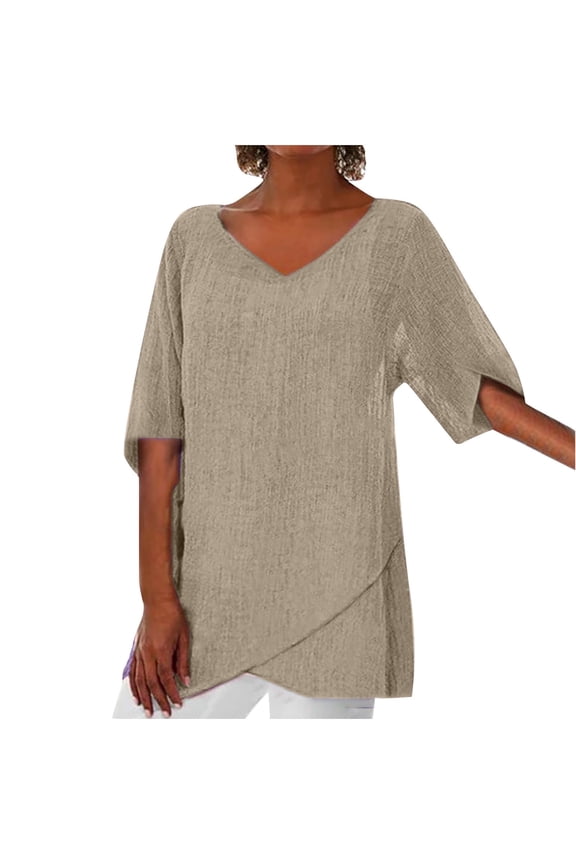 Shirts for Women Khaki Women Casual Lotu Sleeve V-Neck Solid Irregular Blouse Tops T-Shirt Gift for Womens Tops