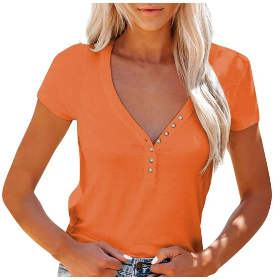TIHLMK Shirts for Women Orange Women Casual Short Sleeve Flared Sleeves V-Neck Solid Loose T-Shirt Blouse Tops Gift for Womens Tops
