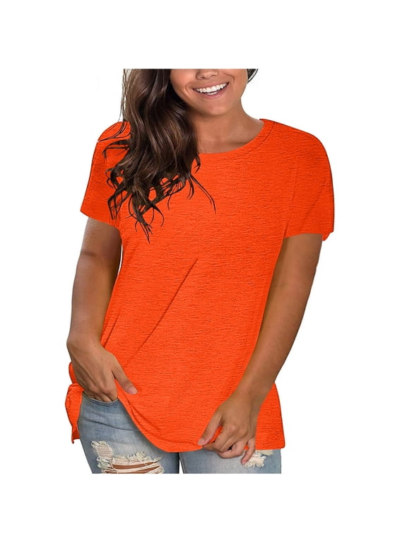 Shirts for Women Orange Women's Fashion Solid Round Neck Short Sleeve T-shirt Blouse Loose Tops Gift for Womens Tops