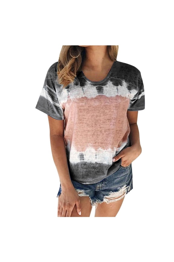Shirts for Women Women's Color Block Tie-Dye Patchwork Crew-Neck T-Shirt Casual Tee Tops(S-5XL) Black
