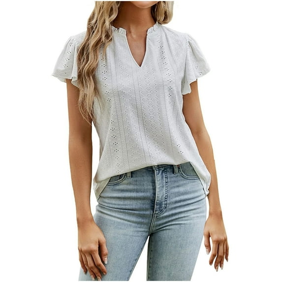 TIHLMK Shirts for Women White Women Fashion Leisure Solid Short Sleeve V-Neck Blouses Gift for Womens Tops