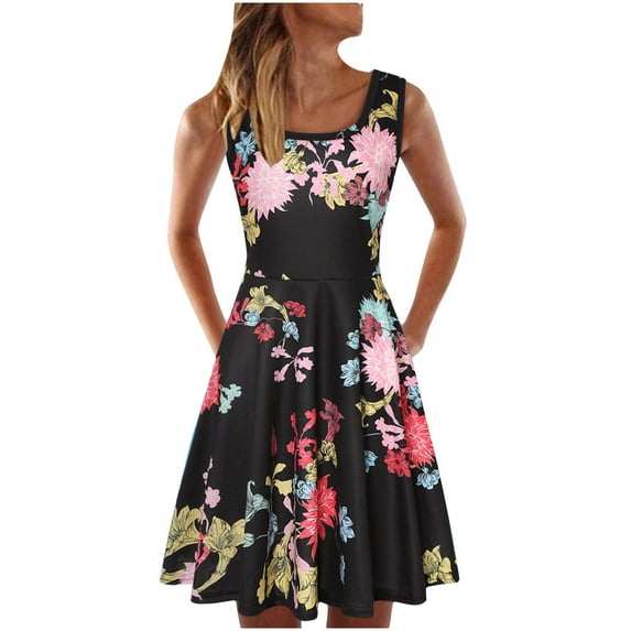 TIHLMK Summer Dress for Women Women Casual Sleeveless Dress O-neck Flower Print Knee-Length Beach Dress