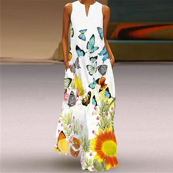 TIHLMK Summer Dress for Women Women's Casual Long Dress With Striped Floral Print Sleeveless Maxi Dress