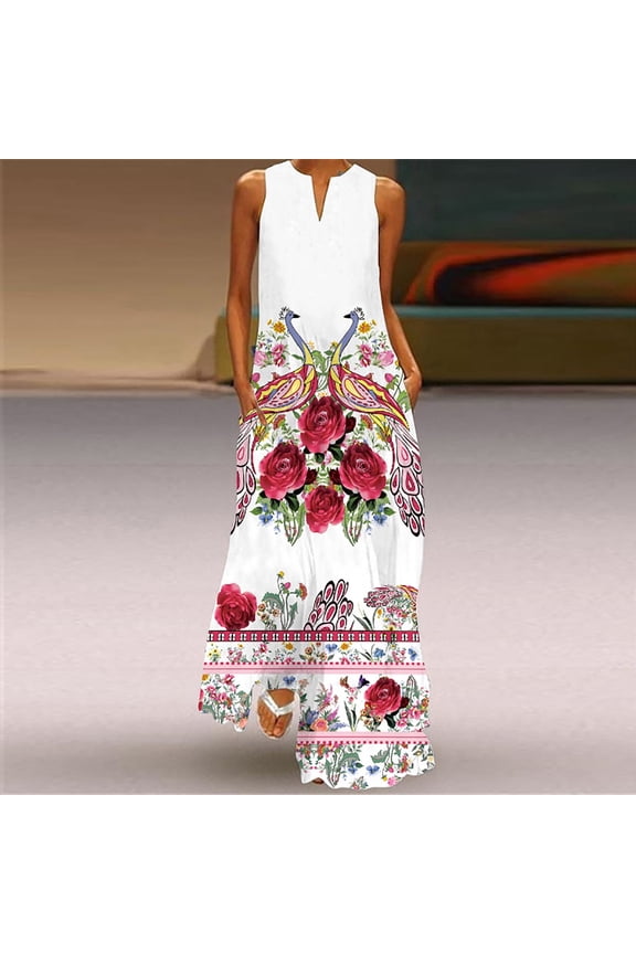 Summer Dress for Women Women's Casual Long Dress With Striped Floral Print Sleeveless Maxi Dress