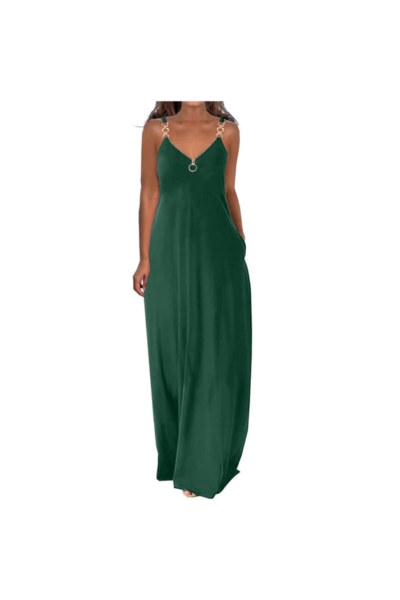 Summer Dresses for Women Beach Summer Dresses For Women Casual Boho Solid Color Hoop Sling Beach Long Maxi Dress With Pockets Green Tank Dresses
