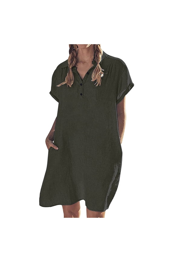 Summer Dresses for Women Women's Fashion Casual Cotton And Linen Short Sleeve Lapel Button Solid Color Dress Gift for Women