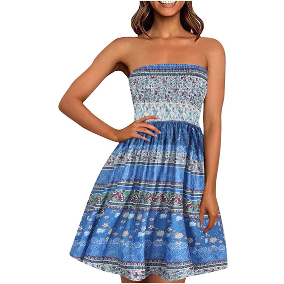TIHLMK Summer Maxi Dresses for Women Women's Bohemian Style Strapless Elastic Band Dress Dresses Sleeveless Floral Print Dress Gift for Women