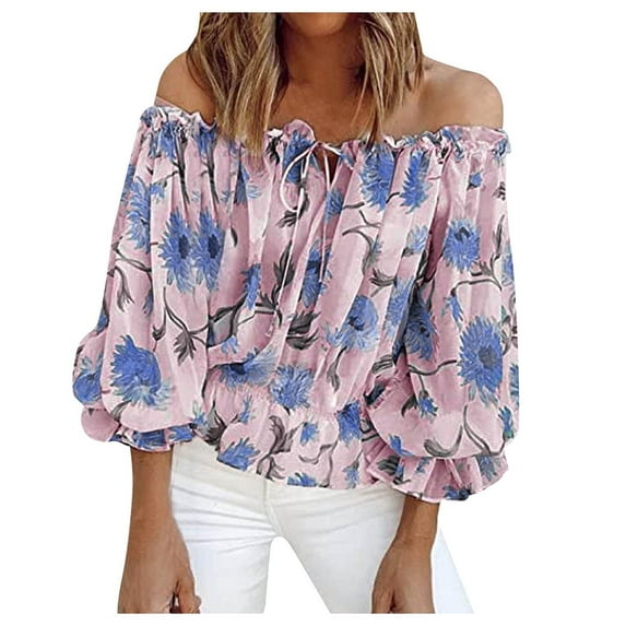 TIHLMK Summer Tops for Women ,Ladies Graphic Tops Shoulder Collar Flowy Tunic 3/4 Short Sleeve Loose Blouse