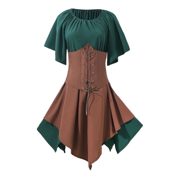 TIHLMK Sundresses for Women Women Gothic Retro Long Sleeve Corset Dresses Short Sleeve Round-Neck Mid-Calf Dress Gift for Women