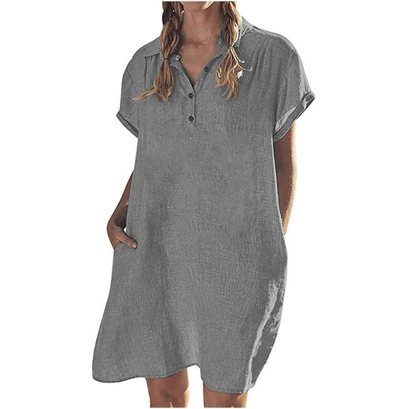 TIHLMK Sundresses for Women Women's Fashion Casual Cotton And Linen Short Sleeve Lapel Button Solid Color Dress Gift for Women