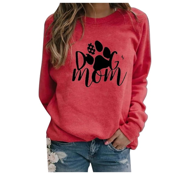 TIHLMK Sweatshirt Hoodies Women Casual Long Sleeve Dog Paw Printing O-Neck Tops Shirt Blouse Pullover Red