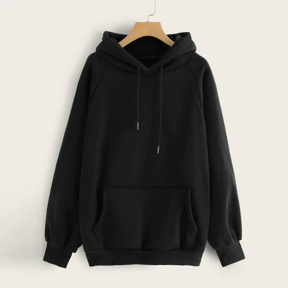 TIHLMK Sweatshirt Hoodies Sales Clearance Women's Casual Solid Color Hooded Pocket Long Sleeve Pullover Sweatshirt Black