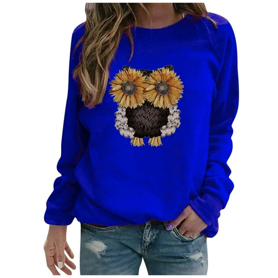TIHLMK Sweatshirt Hoodies Women O-neck Lovely Owl Printing Comfortable Long Sleeves Sweatshirt Tops Blue