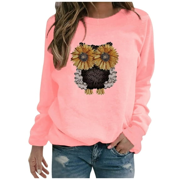 TIHLMK Sweatshirt Hoodies Women O-neck Lovely Owl Printing Comfortable Long Sleeves Sweatshirt Tops Pink